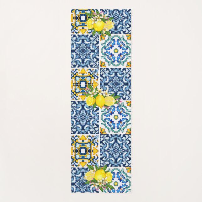 Bright Mediterranean Sicilian Tiles Citrus Lemons Yoga Mat (Front)