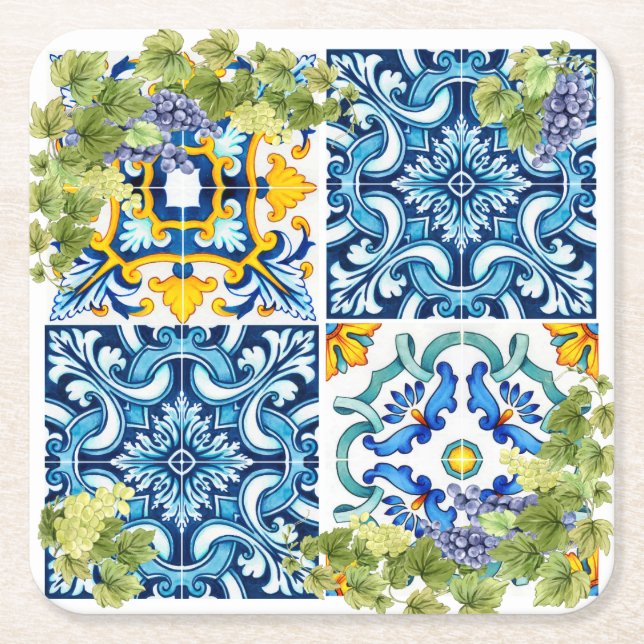 Bright Mediterranean Sicilian Tiles Grape Vine Square Paper Coaster (Front)