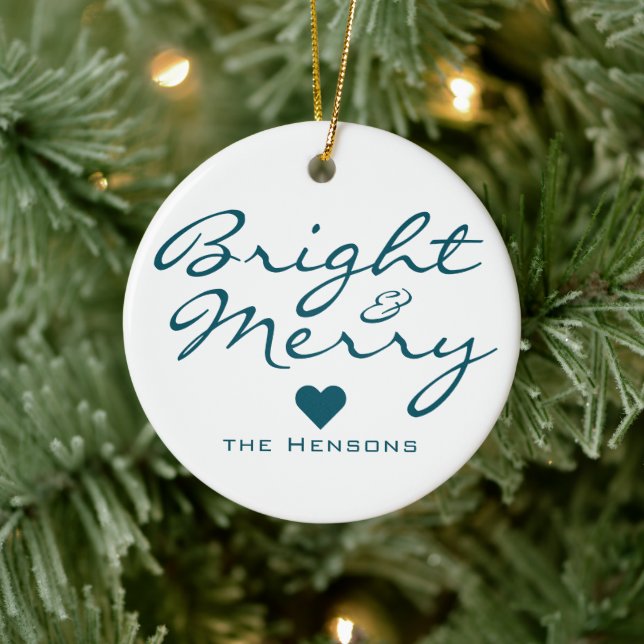 Bright Merry Script Heart Pattern Family Christmas Ceramic Ornament (Tree)