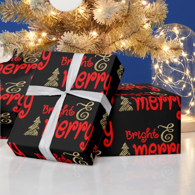 Bright Merry Typography Red Black Gold Christmas Wrapping Paper (Holidays)