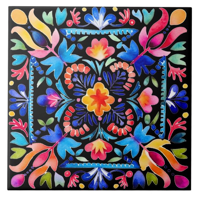 Bright Mexican Flower Design Ceramic Tile (Front)