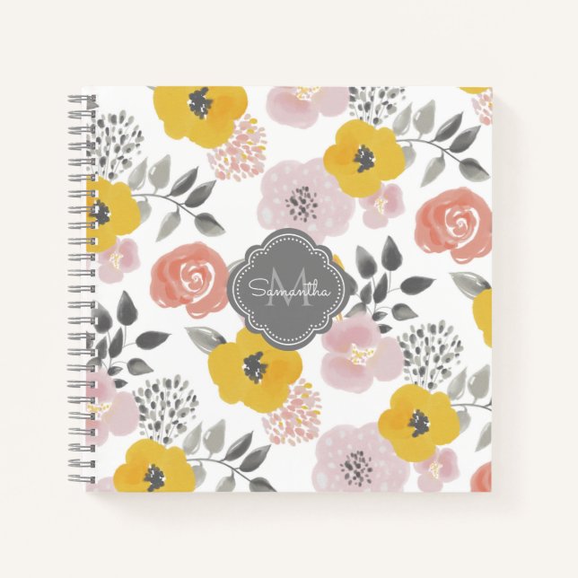 Bright Mixed Floral Pattern with Your Monogram Notebook (Front)