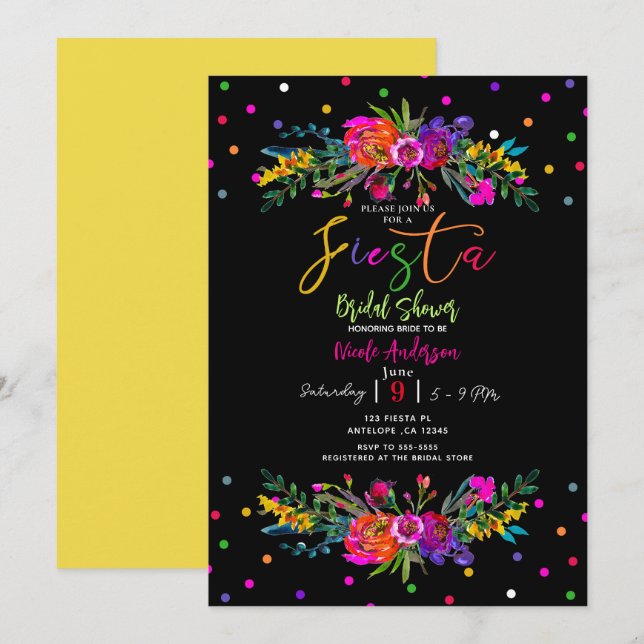 Bright Modern Floral & Black Fiesta Bridal Shower  Invitation (Front/Back)