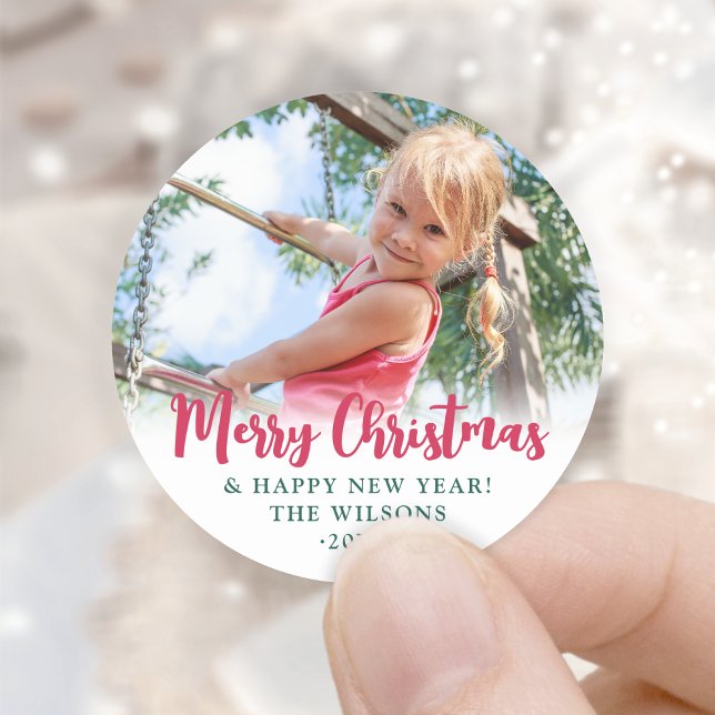 Bright Modern Script Merry Christmas Simple Photo Classic Round Sticker (Creator Uploaded)