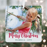 Bright Modern Script Merry Christmas Simple Photo Metal Ornament<br><div class="desc">Celebrate the simple joys of the holidays with a colourful modern 2 photo square metal ornament. The pictures and all text on this template are easy to personalize and can be different or the same on front and back. It can include any wording, such as Merry Christmas, Happy Holidays, Best...</div>