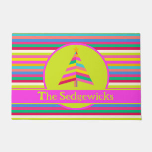 Bright Modern Stripe Personalized Christmas Tree Doormat