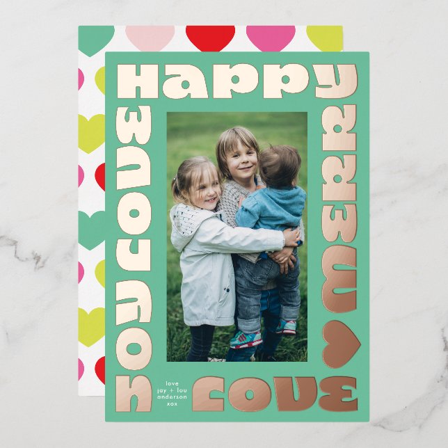 bright modern wishes | christmas one photo green foil holiday card (Front/Back)