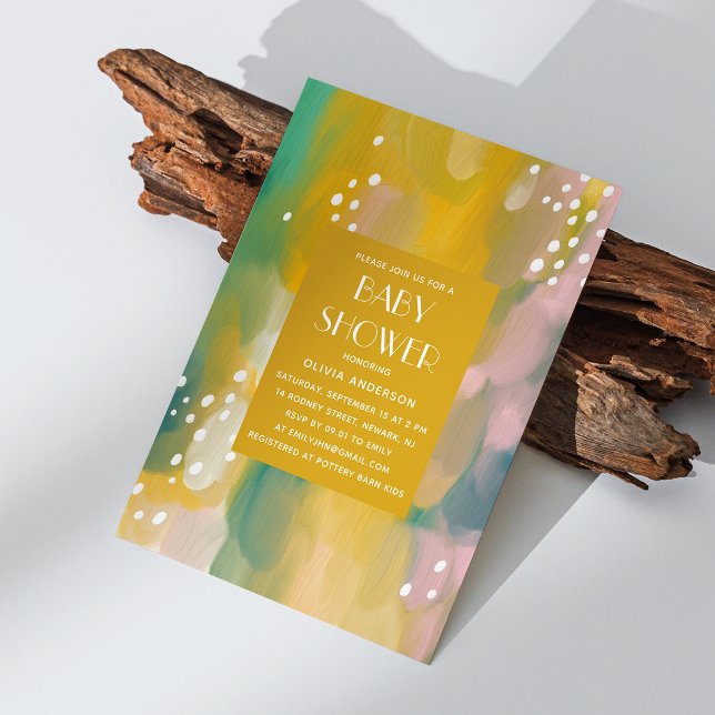 Bright modern yellow green oil painted baby shower invitation (Creator Uploaded)