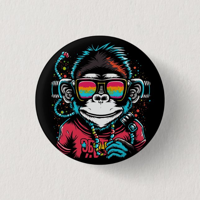 bright-monkey-with-headphones-sunglasses-looks-lik 1 inch round button (Front)