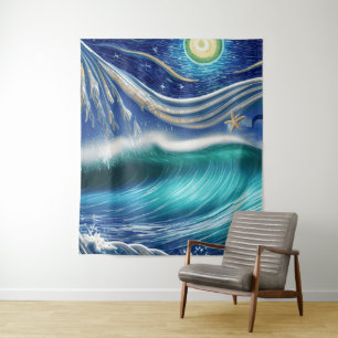 Bright Moon Blue Blue Waves Tapestry