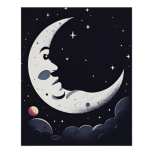 Bright moon face in dark sky poster