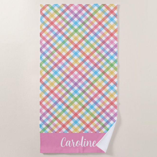 Bright Multi Colour Gingham Personalized Beach Towel (Front)