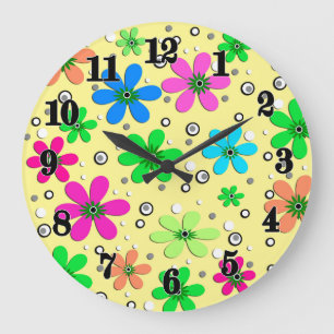 Bright multi-coloured chamomile flowers on a yello large clock