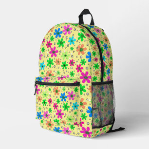 Bright multi-coloured chamomile flowers on a yello printed backpack