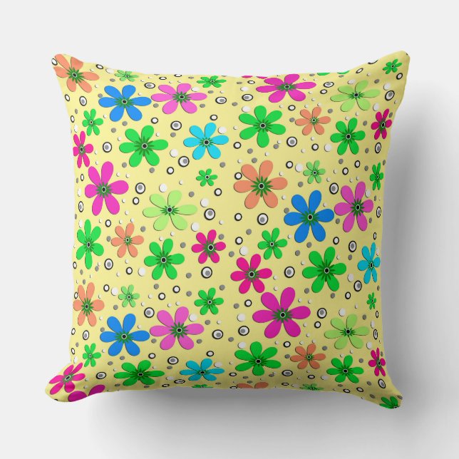 Bright multi-coloured chamomile flowers on a yello throw pillow (Front)