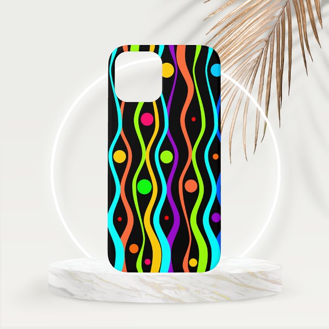 Bright Multi-coloured Circles and Curved Stripes Case-Mate iPhone Case (Bright Multi-Colored Circles and Wavy Stripes on a Black Background Phone Case)