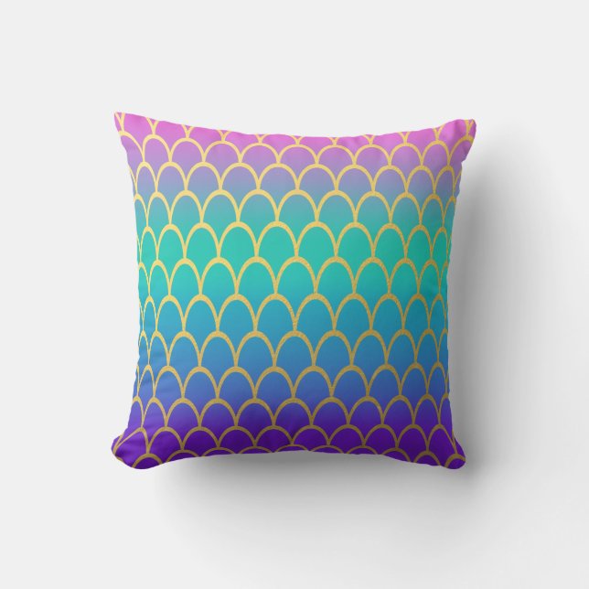 Bright Multi-Coloured Fish Scale Mermaid Throw Pillow (Front)