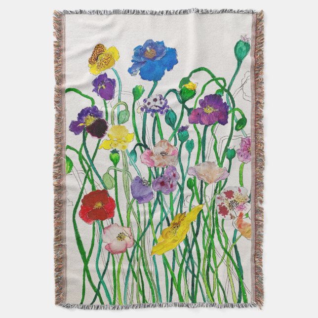 Bright multi-coloured happy unique Wild Poppy  Throw Blanket (Front Vertical)