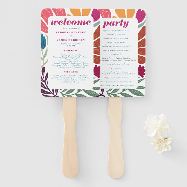 Bright Multicolor Abstract Floral Wedding Program Hand Fan (Front and Back)