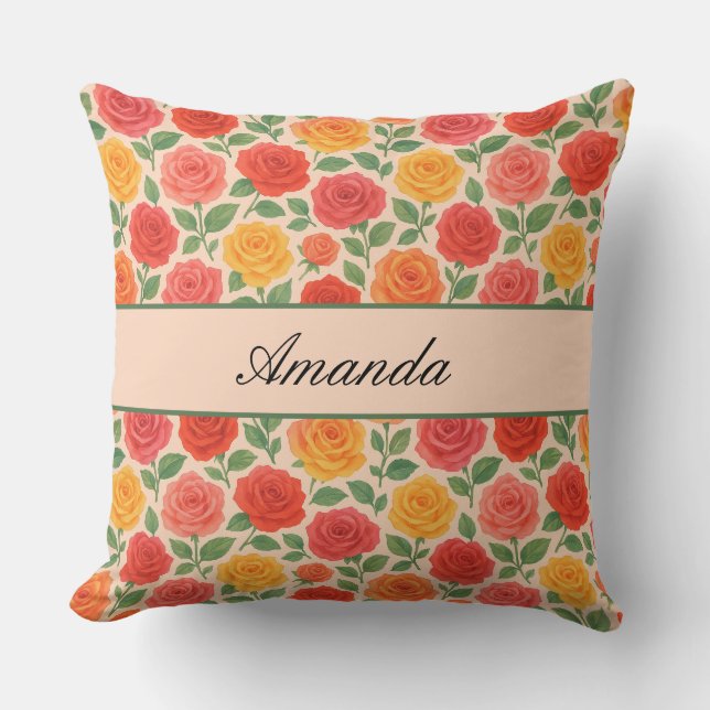 Bright Multicolor Rose Name Pattern Throw Pillow (Front)