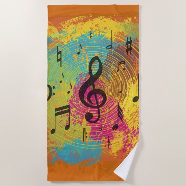 Bright Music Notes on Explosion of Colour Beach Towel (Front)