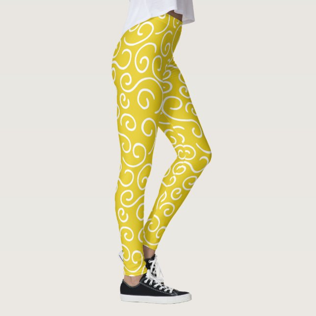 Bright Mustard Yellow and White Doodle Pattern Leggings (Right)