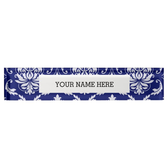 Bright Navy Blue Damask Pattern Nameplate (Front)