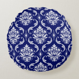Bright Navy Blue Damask Pattern Round Pillow