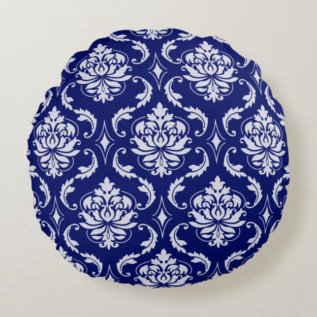 Bright Navy Blue Damask Pattern Round Pillow (Front)