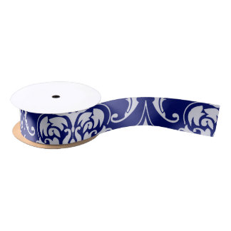 Bright Navy Blue Damask Pattern Satin Ribbon