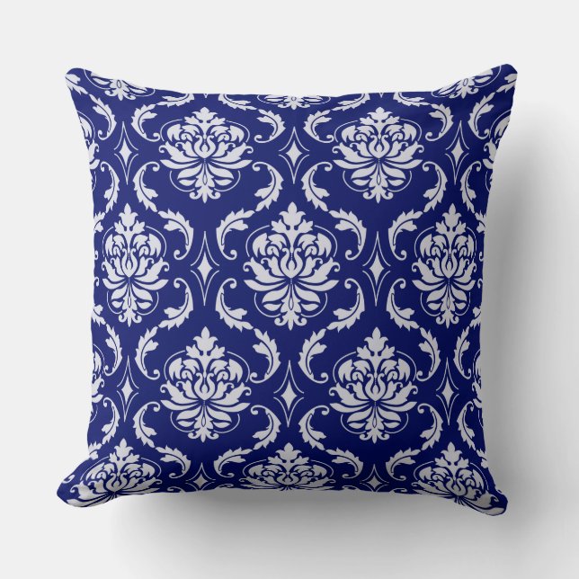 Bright Navy Blue Damask Pattern Throw Pillow (Front)