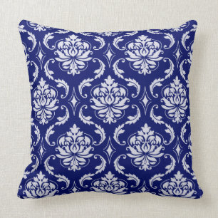 Bright Navy Blue Damask Pattern Throw Pillow