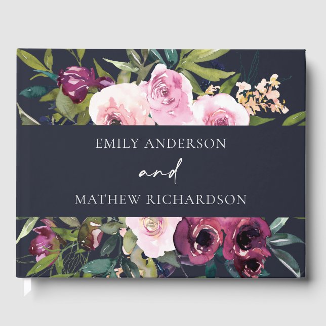 BRIGHT NAVY BLUSH BURGUNDY FLORAL BUNCH WEDDING GUEST BOOK (Front)