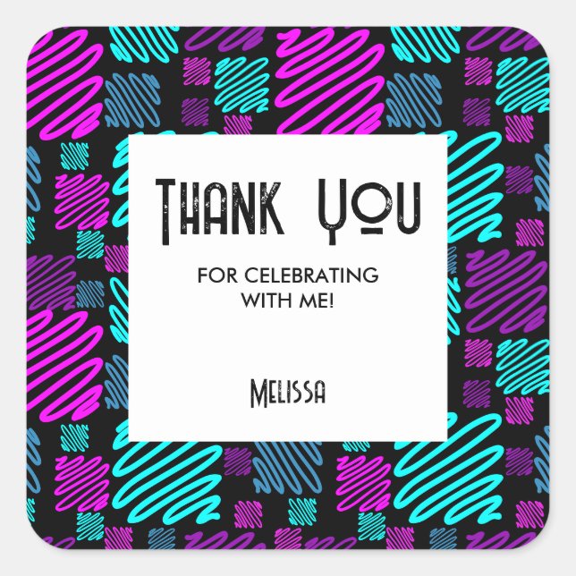 Bright Neon Geometric Pattern Black Thank You Square Sticker (Front)