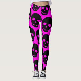 Bright Neon Hot Pink Goth Big Print Skulls Leggings