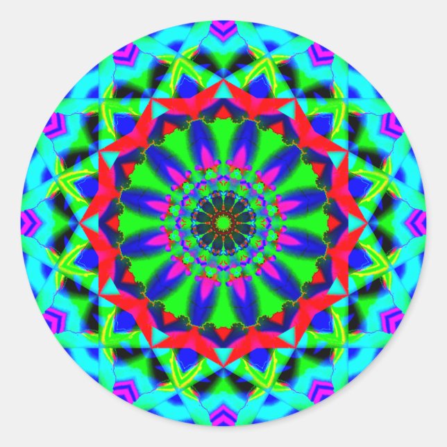 Bright Neon Kaleidoscope | Abstract Mandala Classic Round Sticker (Front)