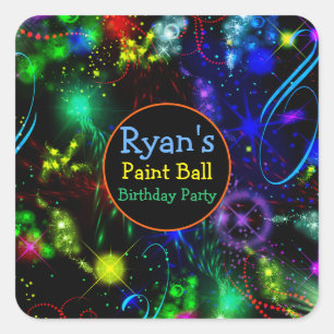 Bright Neon Lights, Stars Paint Splatter Square Sticker