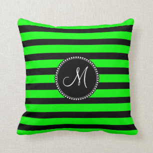 Bright Neon Lime Green and Black Stripes Throw Pillow