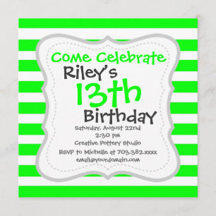 Bright Neon Lime Green and White Stripes Pattern Invitation