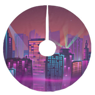 Bright neon night cityscape, vintage. brushed polyester tree skirt