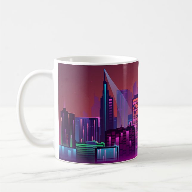 Bright neon night cityscape, vintage. coffee mug (Left)