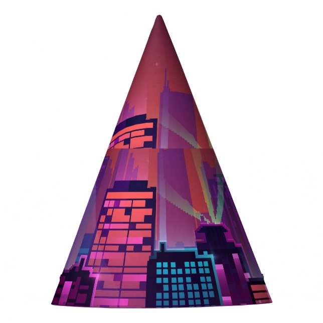 Bright neon night cityscape, vintage. party hat (Front)