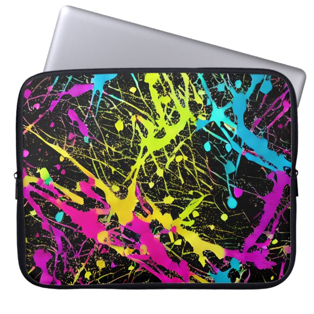 Bright Neon Paint Splatter Laptop Sleeve (Front)