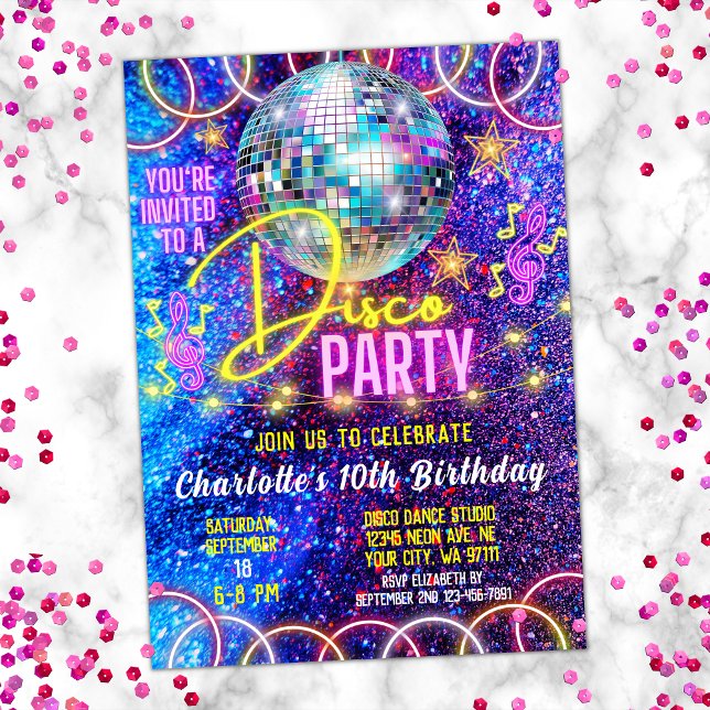 Bright Neon Pink Glow Girl's Disco Dance Party Invitation (Creator Uploaded)