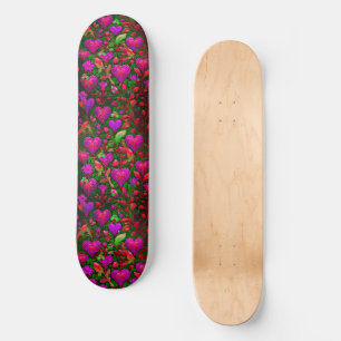 Bright Neon Pink Hearts and Green Floral Skateboard