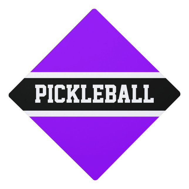 Bright Neon Purple Bold "PICKLEBALL" Text Stripes Graduation Cap Topper (Front)