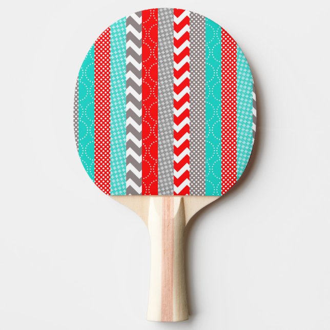Bright Neon Red and Teal Geo Stripes Ping Pong Paddle (Front)