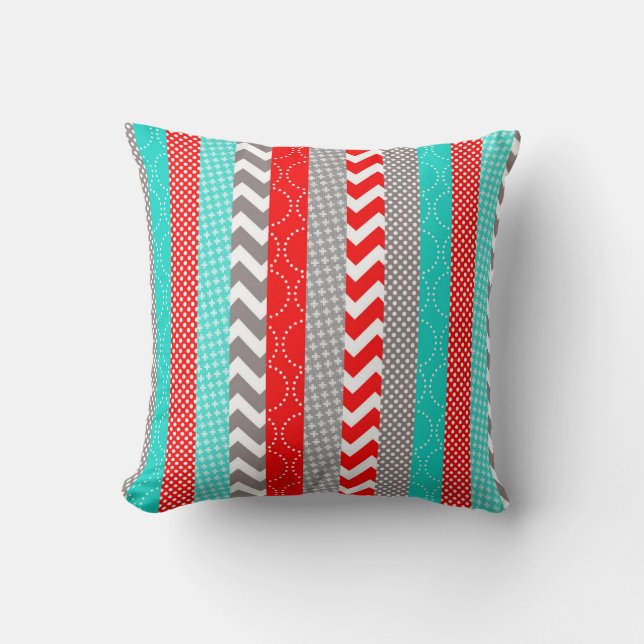 Bright Neon Red and Teal Geo Stripes Throw Pillow (Front)
