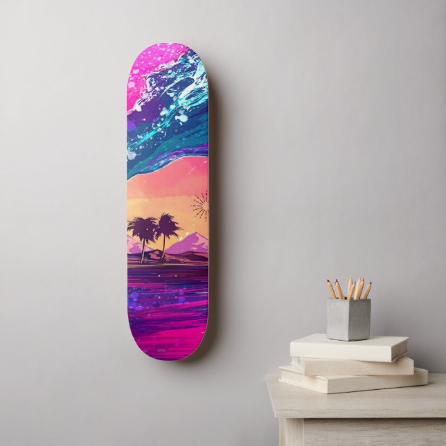 Bright Neon Retro Wave and Palm Trees Skateboard (Wall Art)