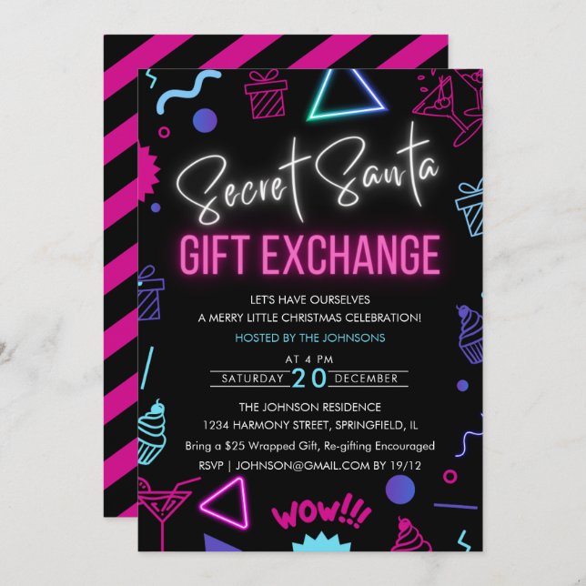 Bright Neon Secret Santa Gift Exchange Party Invitation (Front/Back)